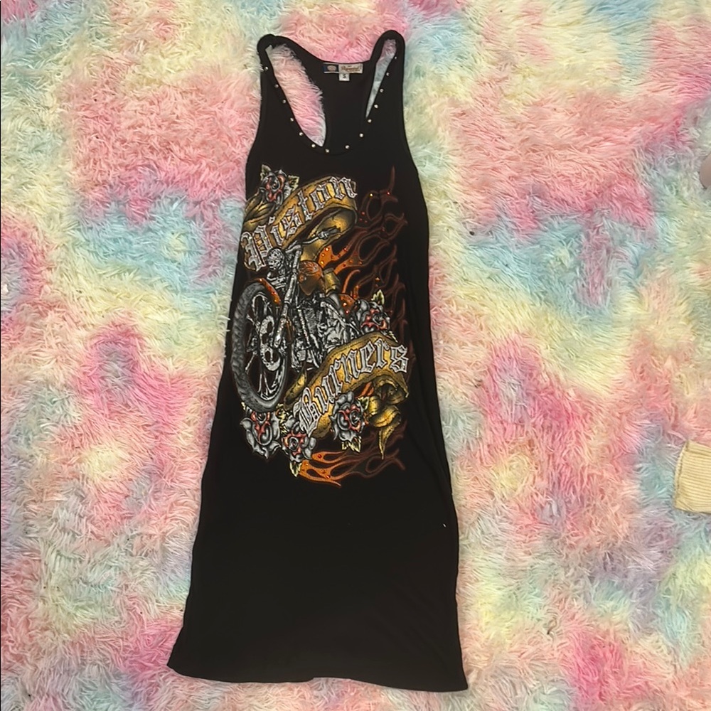 Black Graphic Tank Dress with Motorcycle Design